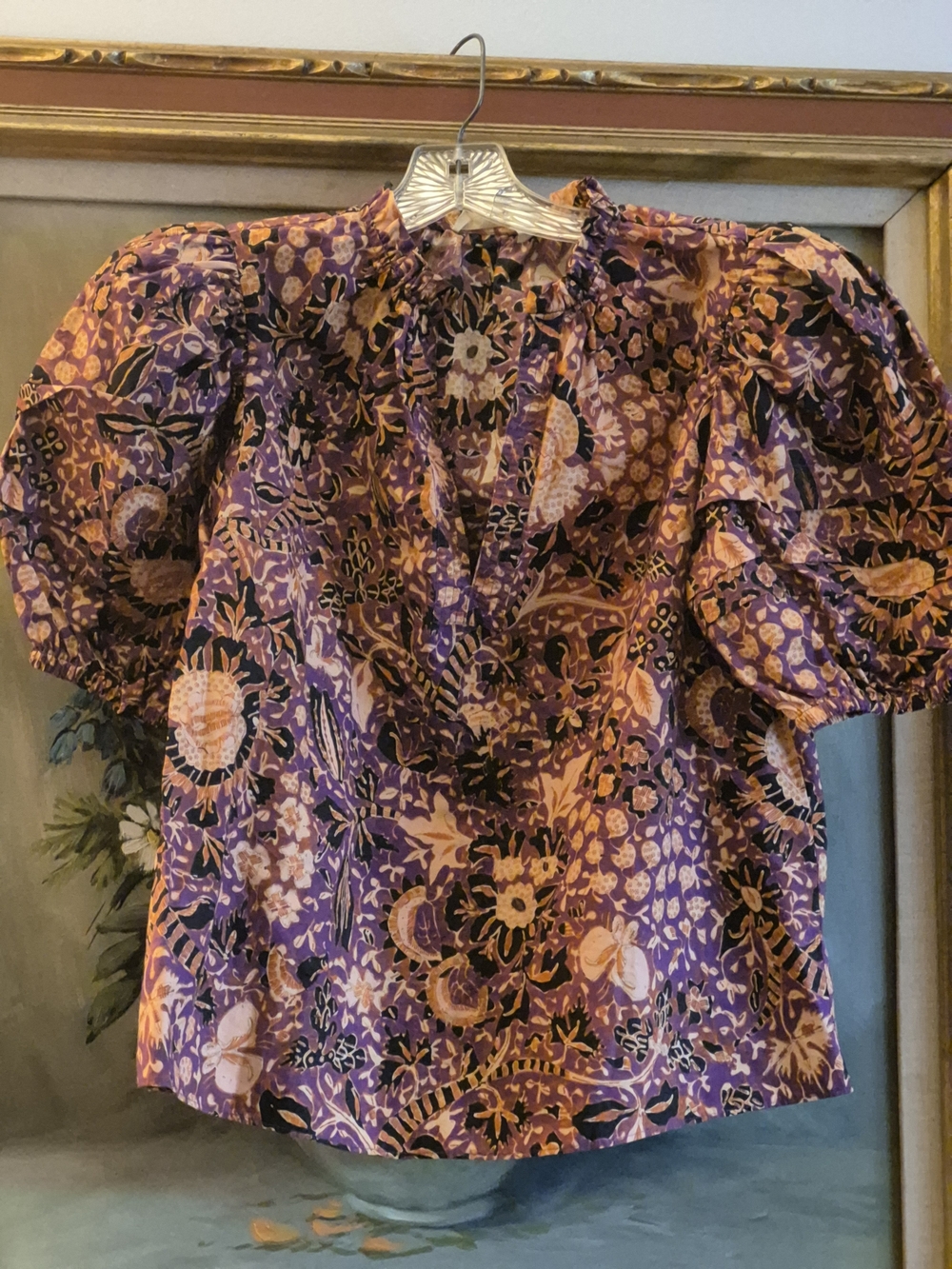 Ulla Johnson Purple and Peach Floral Puff-Sleeve Blouse with Ruffled Neck